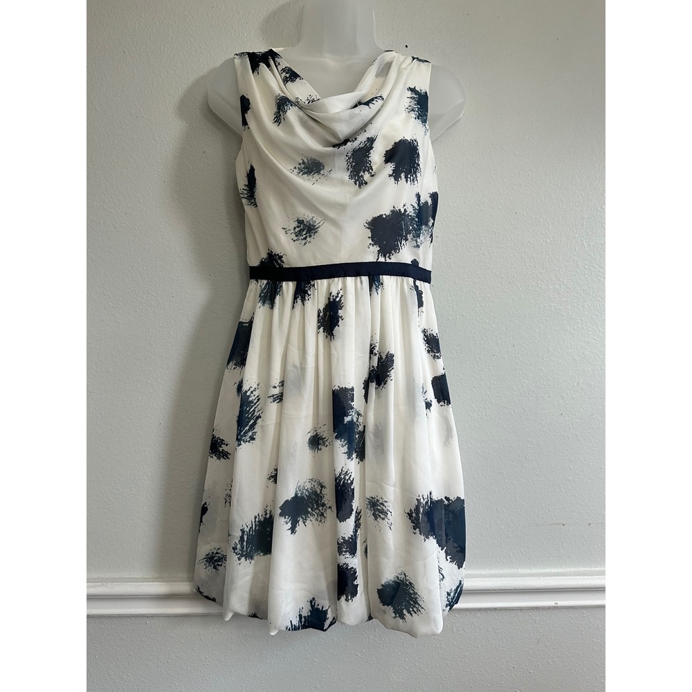 Ann Taylor LOFT Women 0 White Navy Blue Abstract Ink Blot Cowl Neck Ribbon Dress